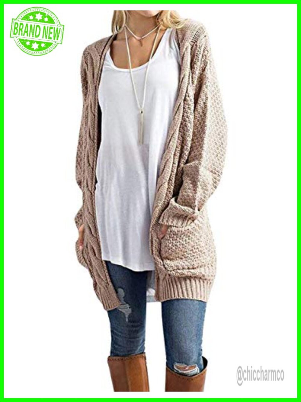 Long Sleeve Cable Knit Cardigan Sweater with Pockets Loose Fit